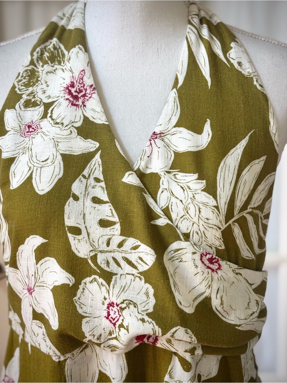 Zara Olive Floral Linen Blend Halter Twist Front Midi Dress L - Picture 3 of 12